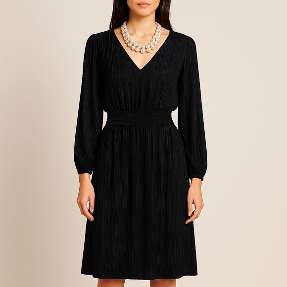 Kensie Black Pleated Long-Sleeve Dress – Size 8 - Picture 1 of 5